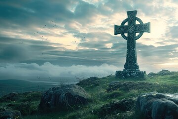 Celtic cross on green hill with sunshine in the grey sky