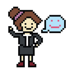 Obraz premium Cute pixel cartoon 8bit character business woman businesswoman smart work life office game isolated for decoration business 8 bit female career smart character game vector.