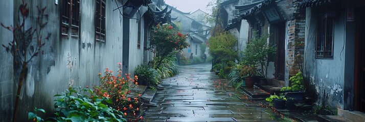 During the day, the weather is clear and rainy, giving people a hazy feeling. In a quiet alley in Jiangnan, 