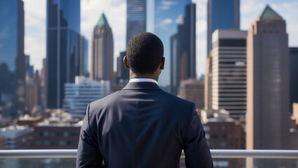 A man in a suit stands on a rooftop overlooking a city skyline. He is gazing out at the view with a thoughtful expression on his face