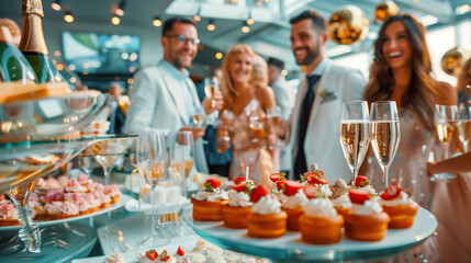 Fototapeta premium A close-up shot of a wedding reception table, featuring a platter of delectable desserts and glasses of champagne. Guests are seen celebrating in the background