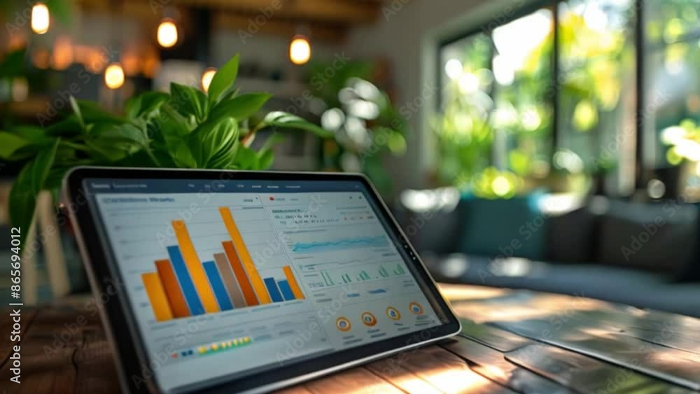 Poster This tablet displaying graphs on a wooden table in a cafe.