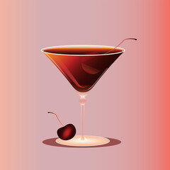 Manhattan cocktail garnished with cherry against pink gradient background with additional cherry decoration. Vector illustration. Creative design. Concept of alcohol drink, bar menu, refreshment