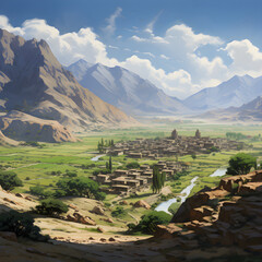 Breathtaking Panoramic View of Afghanistan's Majestic Mountains and Traditional Mud-brick Homes