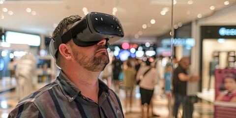 man playing with VR visor inside the mall. 