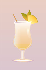 Pina Colada cocktail garnished with pineapple slice and green leaf against pink background. Vector illustration. Creative design. Concept of alcohol drink, bar menu, refreshment, relaxation.