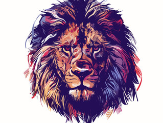 A colorful lion with a purple mane and a blue eye. The lion is the main focus of the image