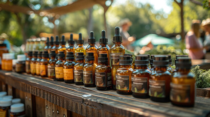 An assortment of amber glass bottles containing CBD products are neatly arranged on a wooden table at a bustling farmers market.