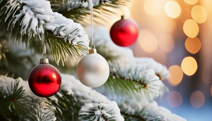 Close up of snow covered, flocked Christmas tree decorated with red and white ornaments, bokeh background, copy space