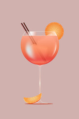 Aperol Spritz cocktail in balloon glass, garnished with orange slice and two straws against pink background. Vector illustration. Creative design. Concept of alcohol drink, bar menu, refreshment