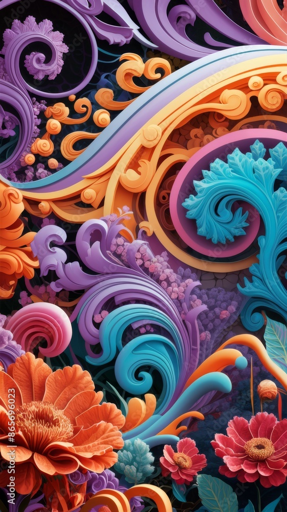 Poster explosive combination of multicolor floral swirls and intricate patterns in a vibrant abstract compo
