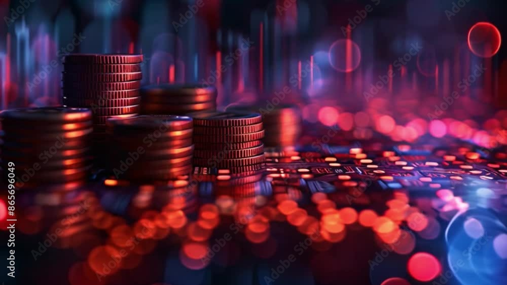 Poster this close-up of stacked coins against a bokeh background. a close-up image of golden bitcoin coin
