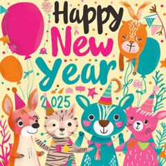 Fototapeta premium Happy New Year 2025 with Cute Animals and Balloons