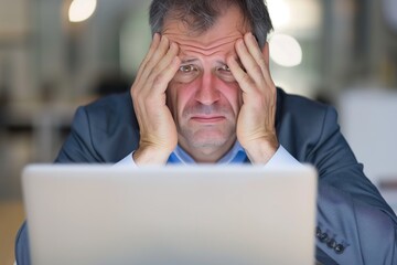 Frustrated businessman experiencing problems looking at the camera in front of his laptop computer at work	