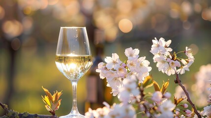 Capture the beauty of wine with a photo of a white wine glass, bottle, and cherry blossoms. This romantic image evokes the joy of spring, perfect for a celebration at a winery.