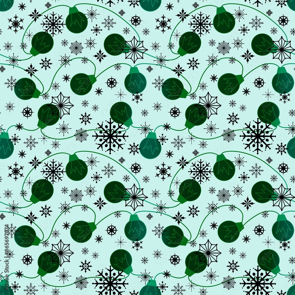 Wall mural christmas snowflakes and illumination seamless party bulbs pattern for wrapping