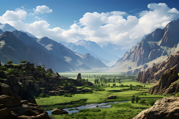 Breathtaking Panoramic View of Afghanistan's Majestic Mountains and Traditional Mud-brick Homes