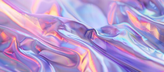 Fototapeta premium Ethereal close-up of pastel neon pink, purple, lavender, and mint holographic metallic foil backdrop with abstract modern curved blurred design ideal for disco, rave, techno,