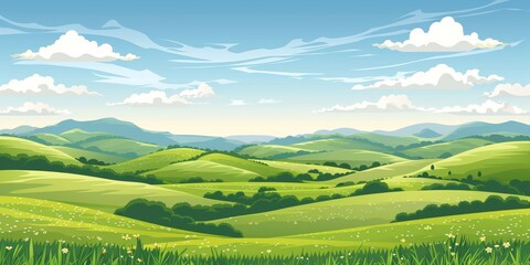 Obraz premium Minimalist landscape with green hills, blue sky, and clouds