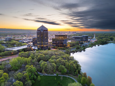 Bloomington, Minnesota, USA cityscape on Lake Normandale
