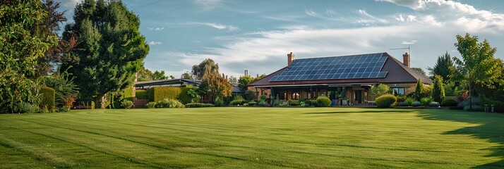 home with solar panels on the roof, surrounded by a beautiful well kept garden and green grass, 