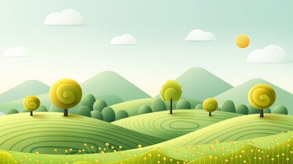 Fototapeta premium Minimalistic landscape with mountains, trees, and soft gradients in calming colors