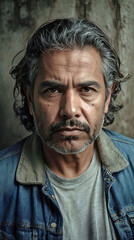 Obraz premium Close Up Troubled Depressed Homeless Latino Man Denim Jacket Grey Shirt