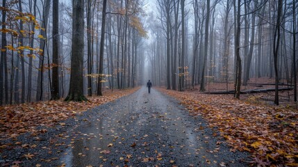 Obraz premium A man walking in the forest in foggy weather. Walkways and a man. A man walking alone. 
