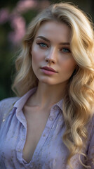 Fototapeta premium Young Blonde Blue Eyes Beautiful Complexion Sheer Light Purple Blouse Bokeh Background