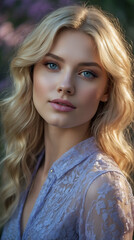 Fototapeta premium Young Blonde Blue Eyes Beautiful Complexion Sheer Light Purple Blouse Bokeh Background