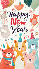 Naklejka premium Happy New Year with Cute Animal Friends