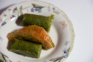 close-up pistachio baklava on a plate