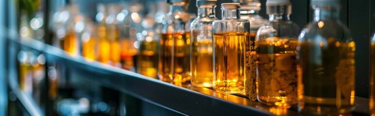 Bottles of Golden Liquid on a Shelf