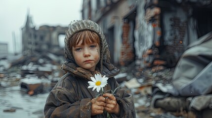 An innocent and poor child holding a flower amidst war ruins. Stop war. Hope for peace on the International Day of Peace.