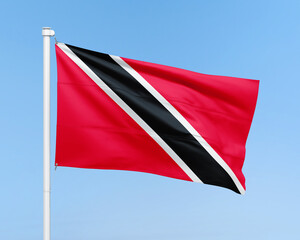 Trinidad and Tobago flag on stick on sky background. Realistic flag illustration