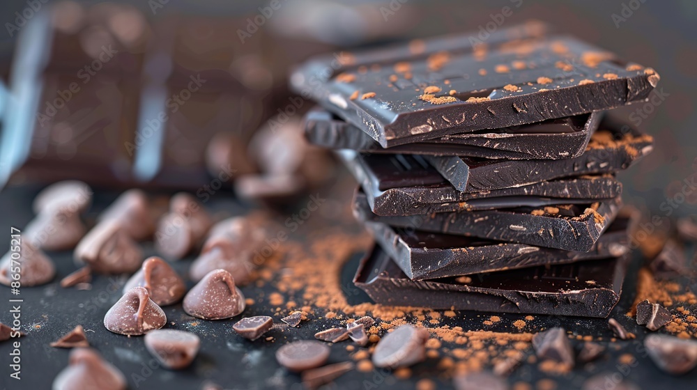 Wall mural Dark Chocolate Bars and Chips on Black Surface