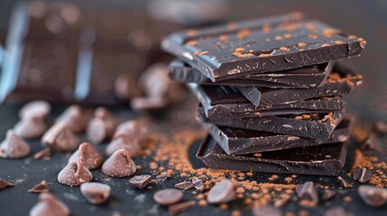 Dark Chocolate Bars and Chips on Black Surface