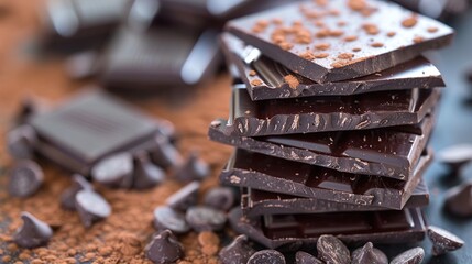 Stack of Dark Chocolate Bars with Cocoa Powder and Chocolate Chips