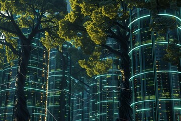 A digital forest where trees are represented by towering servers and data centers, their branches forming network connections.