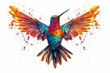 A colorful hummingbird is flying in the air with its wings spread wide.