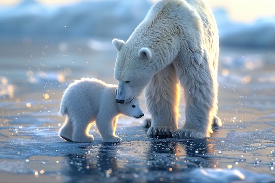 Fluffy cute polar bear mama and her cub pushing and dragging ice cube to ice cliff in 3D animatic style, nice candid shot