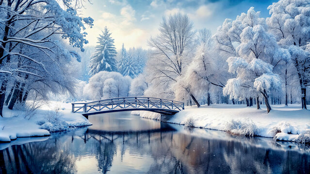 Winter Tranquility: Snow-Covered Bridge in Winter