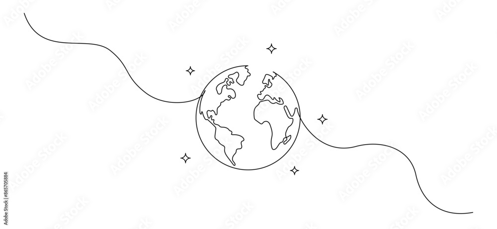 Poster one continuous line drawing of earth globe in outer space. world map and planet symbol in simple lin