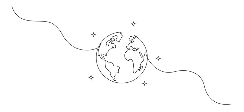 One continuous line drawing of Earth globe in outer space. World map and planet symbol in simple linear style. Travel and flight concept in editable stroke. Doodle contour vector illustratio