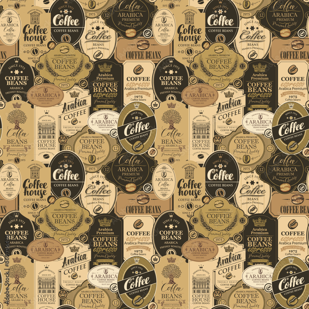Poster vector seamless pattern on coffee and coffee house theme with various labels in retro style. can be 