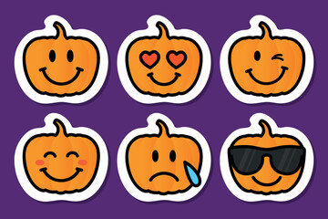 pumpkin emoji set, cartoon orange pumpkins, characters with different facial expressions, vector sticker pack