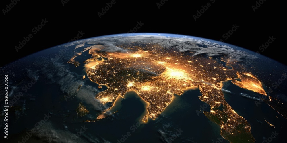 Poster 3d image of a textured earth with golden light patterns. an image of digital art of globe with glowi