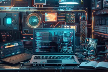 An intricately detailed image of a laptop displaying a live coding session, surrounded by holographic circuit designs and interconnected IoT devices in a futuristic setting.
