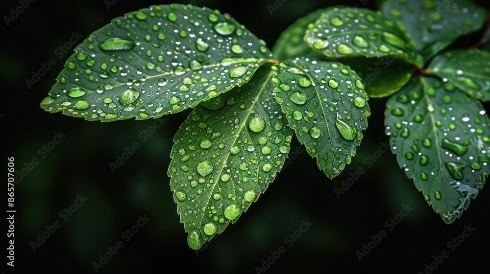 Wall mural Green Leaves Covered in Dew Drops