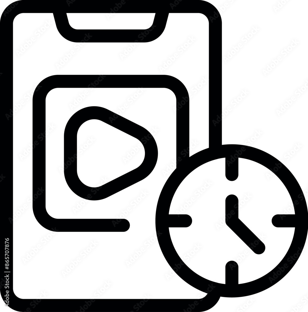 Wall mural simple line icon of a smartphone playing a video with a clock showing watch time